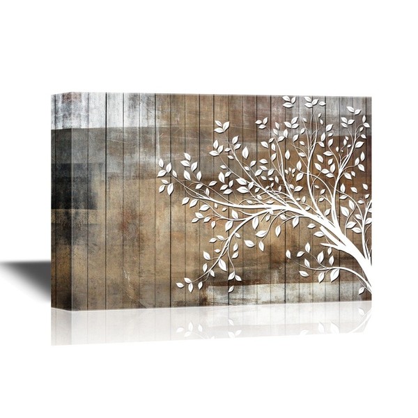 wall26 Abstract Tree Canvas Wall Art - White Tree Branch with Leaves on Wood Style Background - Gallery Wrap Modern Home Art | Ready to Hang - 24x36 inches