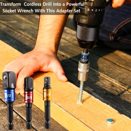 ​​3PCS Impact Driver Socket Adapter Set - 1/4" 3/8" 1/2" Drive Converter with Hex Shank & Double R-Groove for Impact Wrenches & Cordless Drills​