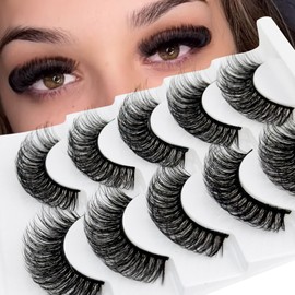Short Thick Lashes Natural Look D Curl Eyelashes that Look Like Extensions 5 Pair Fluffy Mink Wispy Cat Eye Strip False Volume Lash Pack 8-14mm Full Mega Double Stacked Eyelash Small Fake Lashes