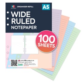 NBplanner A5 Wide Ruled Assorted Pastel notepaper 6-Ring Organiser Refill Insert | Value Pack | Filofax A5 Compatible
