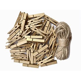 1.9 in Gold Clothespins Art Hanging Kit Kids Artwork Picture Party Xmas Decor Clothing Clamps with Jute Twine Pack 50