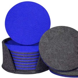 Felt Coasters Set of 8 with Coaster Holder, Double Sided Plain Round Coasters for Drinks, 5mm Thick Felt, Highly Absorbent Cup Mats (Blue, Grey)