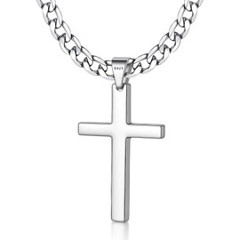 Ovfovy 925 Sterling Silver Cross Necklace for Men Women, 5mm Stainless Steel Diamond-Cut Cuban Link Curb Chain, 16 inch, Sterling Silver, No Gemstone