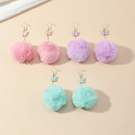 Earrings for Women,Cute Plush Ball Earrings Butterfly Pom Pom Dangle Drop Earrings Faux Fur Ball Fluffy Earrings Winter Jewelry (Blue, One size)