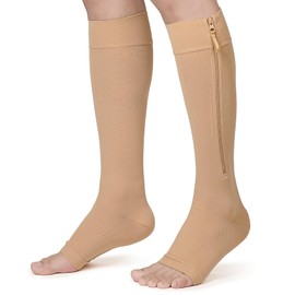 KEKING® Zipper Compression Socks for Men Women, Open Toe, 20-30mmHg Firm Support Knee High Zipper Compression Stockings for Wide Calf - Varicose Veins, DVT, Shin Splints, Edema, Nursing, Beige 5XL