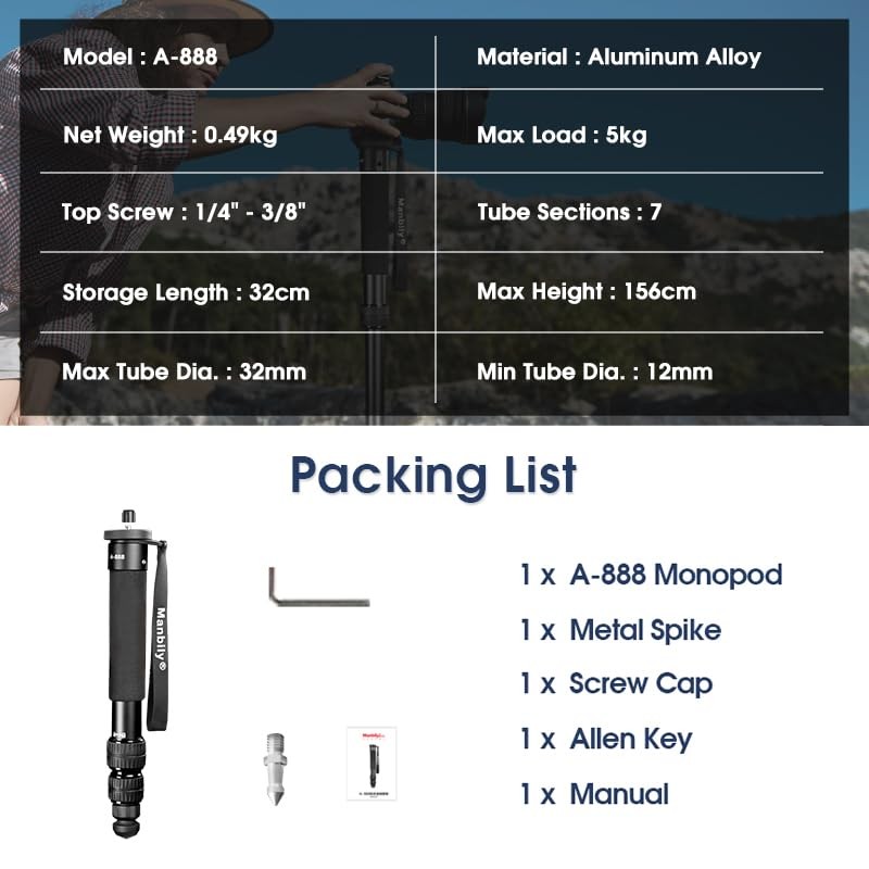 Manbily A-888 Camera Monopod, Length 32cm - 156cm, Aluminum Monopods