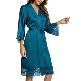Tuopuda Women's Satin Kimono Dressing Gown Summer Nightdress Lace with Pockets Short Robe with Belt Floral Lace Sleepwear Sleepwear for Party Wedding Bride Bridesmaids, blue