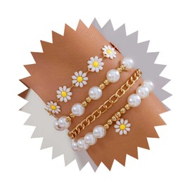 Aneneiceera Vintage Geschichtet Gänseblümchen Perle Armband Acryl Gänseblümchen Blume Armbänder Stapeln Gold Perle Armbänder Hochzeit Blumen Armband Hand Kette Schmuck Für Frauen 4pcs