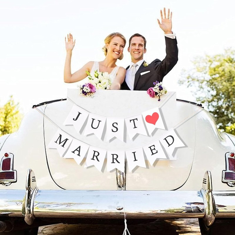 JUST MARRIED Banner Wedding Decorations for Reception Wedding Bunting Photo
