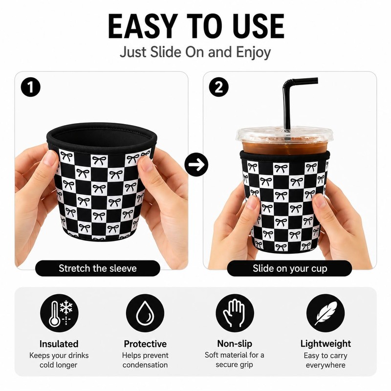 Reusable Ice Coffee Cup Sleeves for Cold Drink 16-32oz(Black Checked