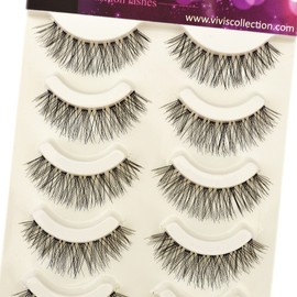 Vivis 5 Pairs Eyelashes Natural Lashes Long Cross Wispies False Black Wispy Doll Lashes Soft Clear Band Handmade Fake Lashes V001