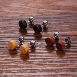 OIDEA 6 Pairs 8MM Stainless Steel Wood Stud Earrings Men, Pierced Post Wood Earrrings for Men Women (3 pair wood-stud)