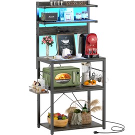 Aheaplus Bakers Rack with Power Outlet, Microwave Stand, 5 Tiers Coffee Bar Station with Led Lights, Kitchen Storage Shelf with 6 S-Shaped Hooks, Kitchen Rack for Spices, Pots and Pans, Black Oak