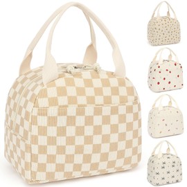 Lrenagao Lunch Box for Women Girls, Kids Corduroy Lunch Bags Large Capacity Reusable Insulated Lunch Tote Bag for Work Picnic or Travel (Beige Checkered)