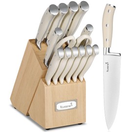 Kuisine Chef Knife Set,High Carbon Stainless Steel Sharp Knife Set Ergonomic Handle,Kitchen Knife Block Set with Built-in Sharpener(Ivory Pro,15PCS)