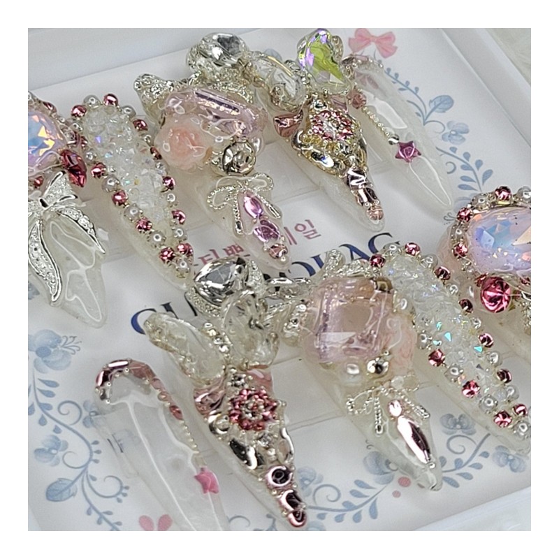 [Premium] Romantic Crystal Rose Handmade Nail Tips - Square M