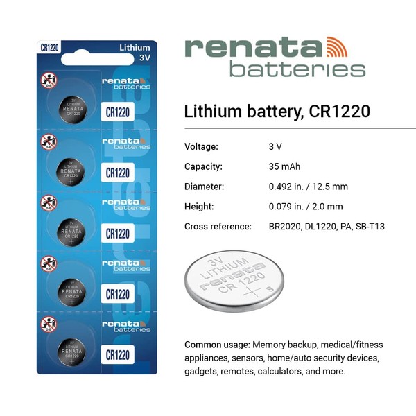 Renata Batteries Twin Pack - 2 X CR1220 3V Lithium Coin Cell Battery
