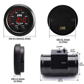 ZHSYMX Universal 52mm Water Temperature Gauge 100-300F(38-150C) Electronic Red Digital LED DC12V for Car Automotive with Joint Pipe Radiator Sensor Adaptor Black 32MM