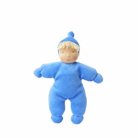 Käthe Kruse Lolo Cloud Cuddly Doll - Handmade Waldorf Doll with Blonde Pony Fringes and Sky Blue Suit, 100% Organic Cotton, Ideal for Newborns, 21 cm, K130003