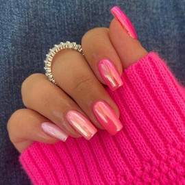 Pack of 24 Press on Nails Square, Medium Length French Nails for Sticking, Acrylic, Full Cover False Nails, Square Artificial Nails, Aurora Pink Fingernails, Fake Nails for Women and Girls