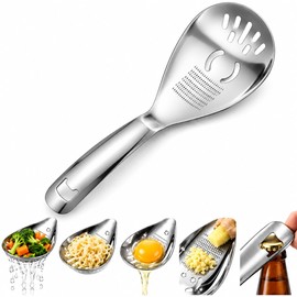 Slotted Draining Spoon, 5 in 1 Multifunctional 316 Stainless Steel Kitchen Spoon with Grinding Surface, Potato Masher, Egg Separator, Ginger Garlic Grater and Bottle Opener, 23 x 8 cm