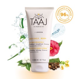 TAAJ | Lait Irisé Delhicieux | ABHYANGA | Hydrates, Protects & Softens | For supple, shower and refreshed skin | No Greasy Effect | 96% ingredients of natural origin | Cruelty Free | 200ml