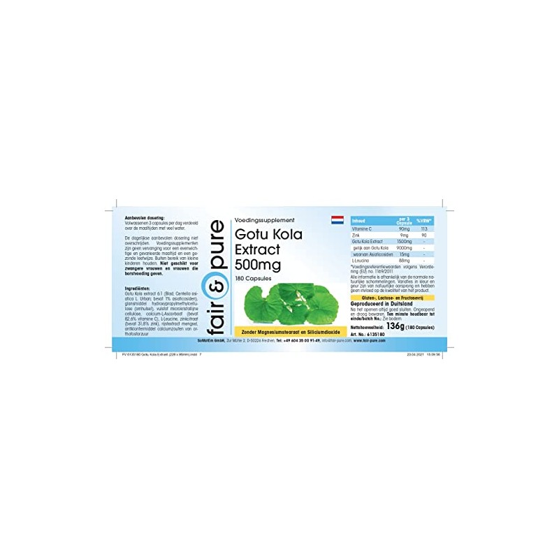 Gotu Kola Extract 500 mg - Vegan - 180 Capsules