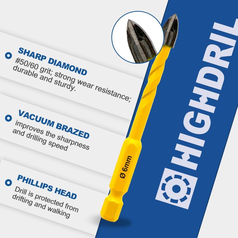 HIGHDRIL Dry Diamond Drill Bits Set 5pcs - 6/8/10/12mm Quick