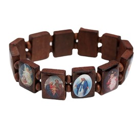 GAUEIOUR Wooden Rosary Jesus Bracelet Elastic Stretch Bangle Brown Beaded Stretchable Prayer Catholic with Images of Religious Saints Wristband Presents for Men and Women