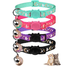 4PCS Cat Collar with Bells,Breakaway Cat Collars,Kitten Collar with Bell Moons Stars Cute Kitty Safe Kitten Collars with Pendant,Cat Collars for Girl Cats 6.9-10.7 Inch(Black&Purple&Pink&Teal)