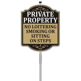 Private Property No Loitering Smoking Or Sitting On Steps Sign 12" x 10" With 35" Long Metal Stakes No Trespassing Soliciting Video Surveillance With Stand Aluminum Outdoor Use Yard Home Business