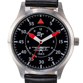 EUROtops Atlas Pilot Watch - Analog Pilot Watch with Red Hands Chinese Quartz Movement Mineral Glass/Zinc Alloy/Leather Strap Mens Flight Around the World Watch in 1924, black, Military