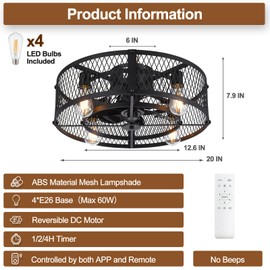 Depuley Caged Ceiling Fan with Light: 20" Flush Mount Ceiling Fans with Remote - Farmhouse Black Fandelier - Industrial Ceiling Fan Light Fixture for Small Low Indoor Bedroon Kitchen Dining Room