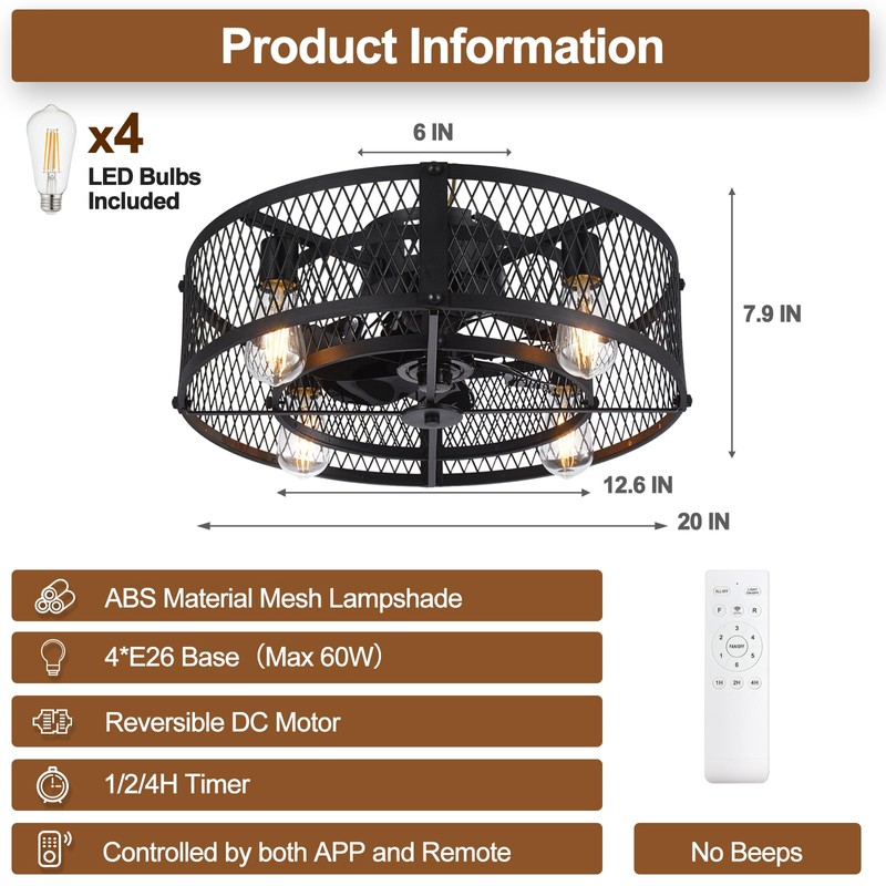 Depuley Caged Ceiling Fan with Light: 20" Flush Mount Ceiling