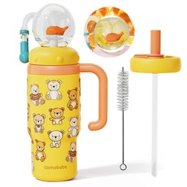 RUNSUNTUN Insulated Whale Fountain Cup, 24 oz Stainless Steel Travel Mug with Handle, Leak-Proof Straw Cup, 2025 model - Washable. Suitable for children, teenagers and adults (Orange little bear)