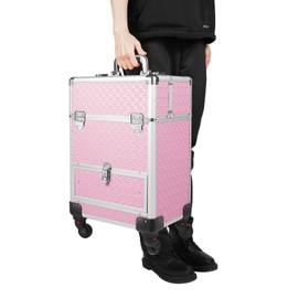 Rolling Makeup Train Case with Lockable Drawer, Pink Cosmetic Organizer with 4-Tier Storage, Silent Detachable Wheels & Telescopic Handle, Portable Makeup Box for Travel, Vanity & Salon Use