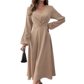LalaLin Women's Long Sleeve Maxi Dress V-Neck Twist Waist Wedding Guest Cocktail Party Dresses Khaki