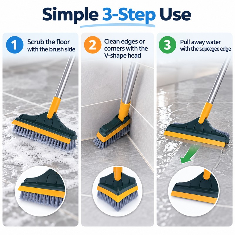 V-Shaped Floor Scrub Brush with Squeegee for Bathroom Cleaning –