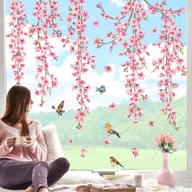 decalmile Window Sticker Cherry Blossom Hanging Window Decals Flowers Flowers Pink Birds on Branch Anti-Collision Window Film Glass Window Decoration Sticker