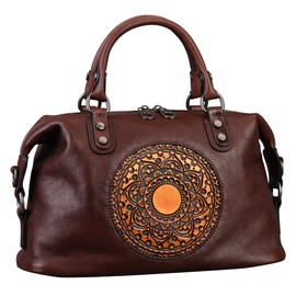 Genuine Leather Women's Handbags Travel Small Purses Top Handle Barrel Satchel Shoulder Hand Bags leather crossbody bags for Women Retro Totem Tote Bag Coffee
