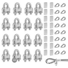EXLECO 16 Wire Rope Clamp, 6 mm Rope Clamp, Steel Rope, Stainless Steel Bow Shape, Wire Rope Clip, Rope Clamp with Aluminium Sleeves, Thimbles for Steel Cable, Steel Wire, Washing Line, Awning, Fixed