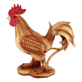 Ebros Hand Painted Faux Bamboo Wood Finish Resin Rustic Country Farm Alpha Rooster Decorative Figurine 9.5" Tall Kitchen Home Accent Barnyard Farmhouse Chicken Bird Sculpture