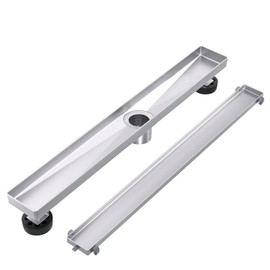 EXF Linear Shower Drain 24 Inch Tile Insert, Brushed Stainless Steel Rectangle Shower Floor Drain Cover with Hair Catcher, Adjustable Feet