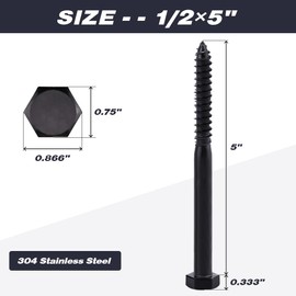 6-Sets 1/2 x 5 Hex Lag Screws and 1/2" ID Flat Washers, 304 Stainless Steel 18/8, Black Coated, Heavy Duty Wood Screws for Deck/Fence/Floor, by AOESIN