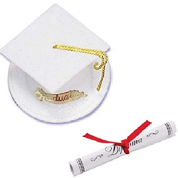 Oasis Supply Reusable Graduation Cap Cake Topper with Paper Diploma, White