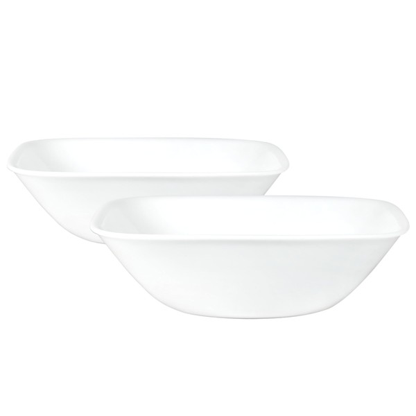 Corelle Vitrelle 1-Qt Serving Bowl, Large Serving Bowl, Triple Layer Glass, Crack and Chip Resistant, Square Serving Trays, (Pack of 2) White