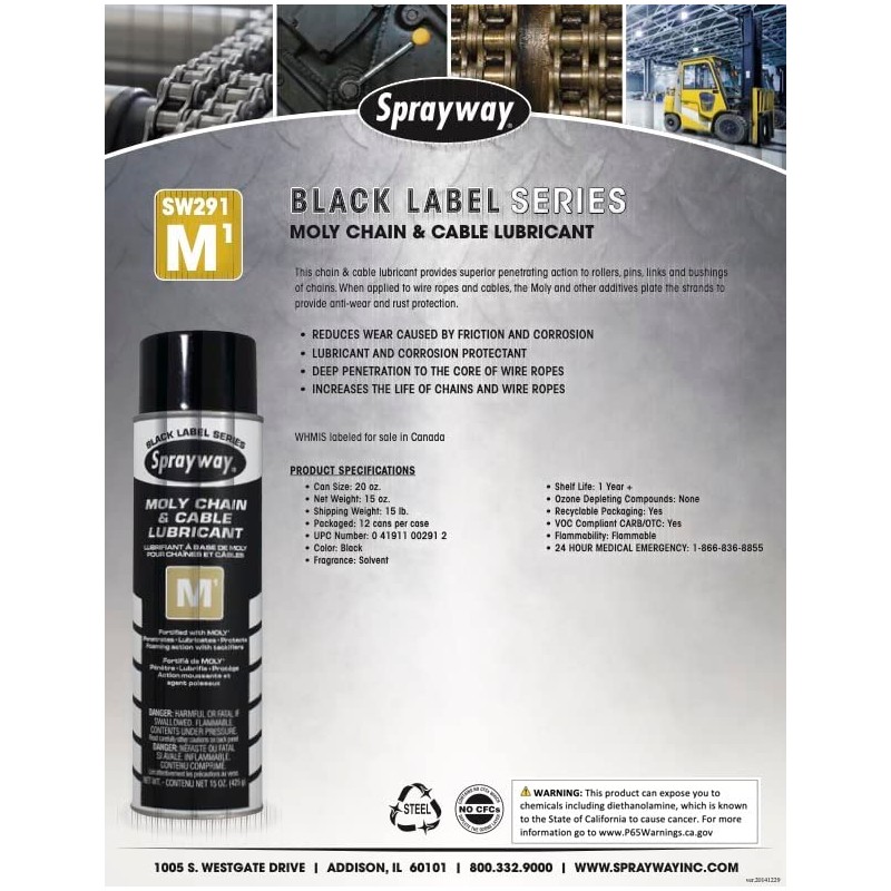 Sprayway SW291 M1 Moly Chain & Cable Lubricant, 15oz