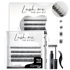 JGLashes - Lash me The DIY kit. Kit de extensiones de pestañas en casa, racimos de pestañas medidas 8-12 mm, curvatura C, banda invisible, incluye Bon