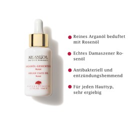 ARGAND'OR Organic Argan Oil Rose Face Oil 50 ml - Nourishes - Regenerates - Moisturises - With Hygienic Pipette - For All Skin Types - Vegan Natural Cosmetics