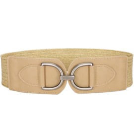 VONMELLI Women's Wide Elastic Waist Belt for Dresses Straw Belt Vintage Stretchy Braided Belt Boho Women's Belt with Golden Buckle, Brown/Silver Buckle